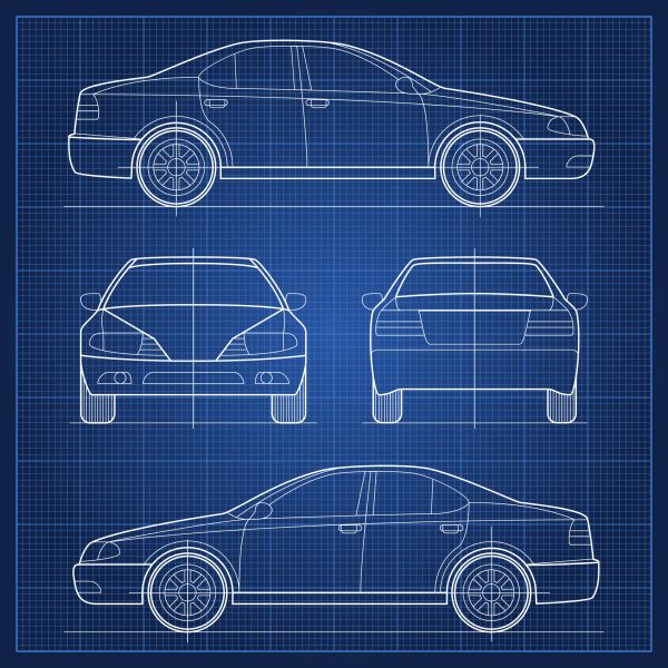 Car blueprint. Vector vehicle engineering blueprint. Illustration structure of sedan model